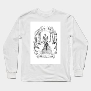 Old Railroad , Black and White boy and train in woods with moon landscape creepy Illustration Long Sleeve T-Shirt